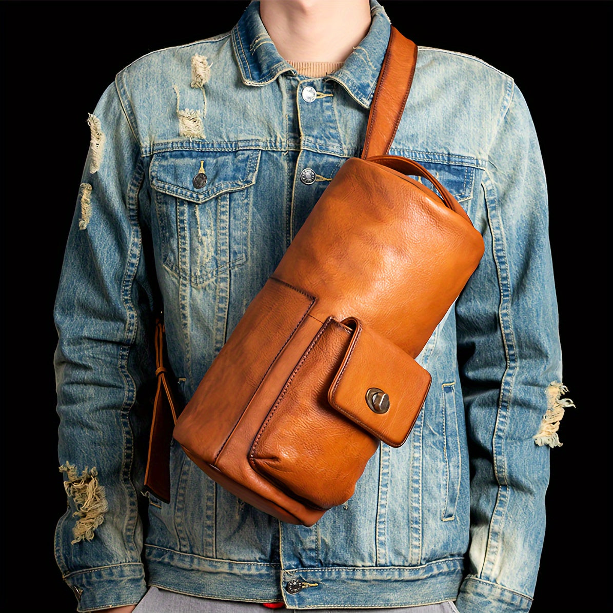 1pc Men's Genuine Leather Backpack, Top Layer Cowhide Material, Retro Leather Style, Large Capacity And Multiple Compartments, Natural Leather Texture Casual Bag